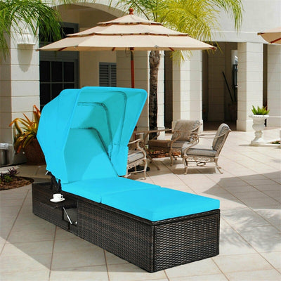 Outdoor Adjustable Rattan Cushioned Chaise Lounge Reclining Chair with Folding Canopy and Flip-up Tea Table