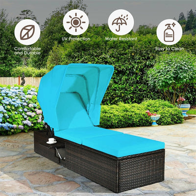 Outdoor Adjustable Rattan Cushioned Chaise Lounge Reclining Chair with Folding Canopy and Flip-up Tea Table