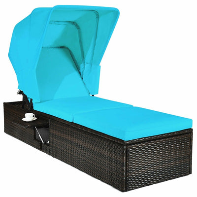 Outdoor Adjustable Rattan Cushioned Chaise Lounge Reclining Chair with Folding Canopy and Flip-up Tea Table