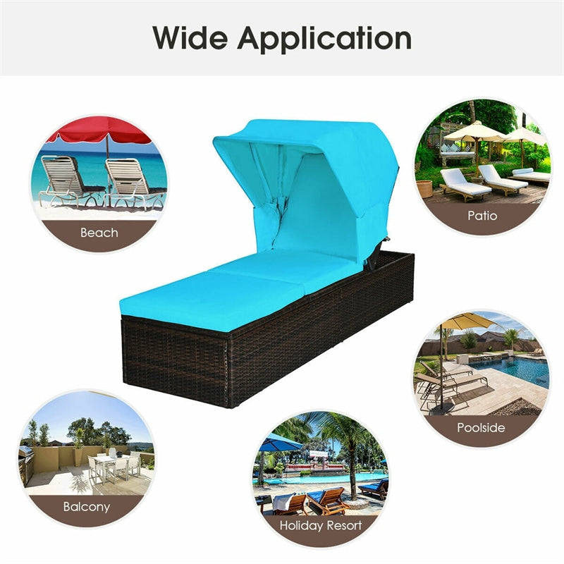 Outdoor Adjustable Rattan Cushioned Chaise Lounge Reclining Chair with Folding Canopy and Flip-up Tea Table