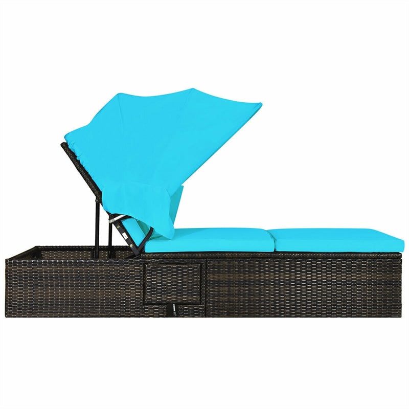 Outdoor Adjustable Rattan Cushioned Chaise Lounge Reclining Chair with Folding Canopy and Flip-up Tea Table