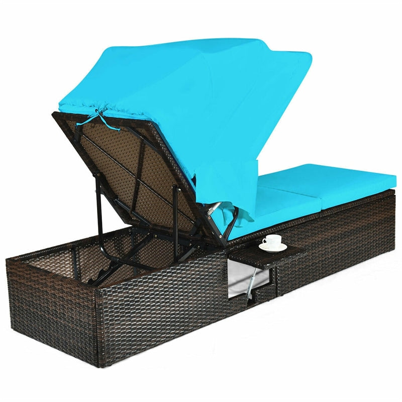 Outdoor Adjustable Rattan Cushioned Chaise Lounge Reclining Chair with Folding Canopy and Flip-up Tea Table