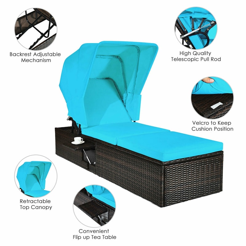 Outdoor Adjustable Rattan Cushioned Chaise Lounge Reclining Chair with Folding Canopy and Flip-up Tea Table