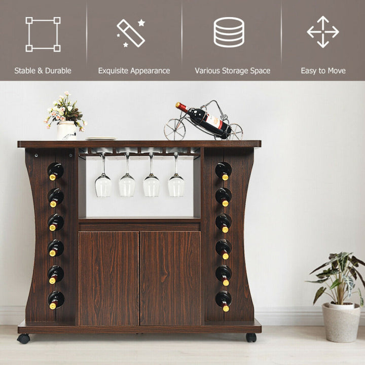 Rolling Buffet Sideboard Wood Wine Liquor Bar Cabinet 12-bottle Wine Rack with Glass Holder and 360° Swivel Casters