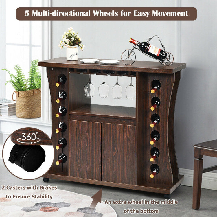 Rolling Buffet Sideboard Wood Wine Liquor Bar Cabinet 12-bottle Wine Rack with Glass Holder and 360° Swivel Casters