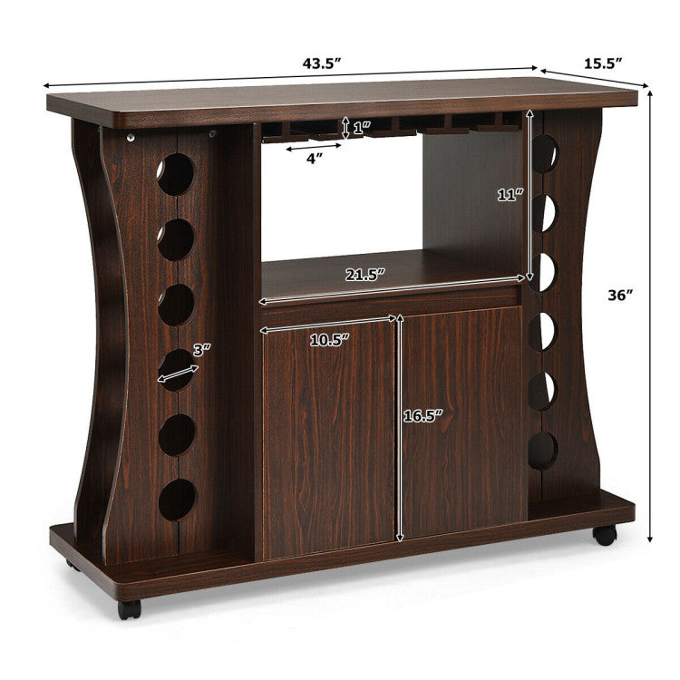 Rolling Buffet Sideboard Wood Wine Liquor Bar Cabinet 12-bottle Wine Rack with Glass Holder and 360° Swivel Casters