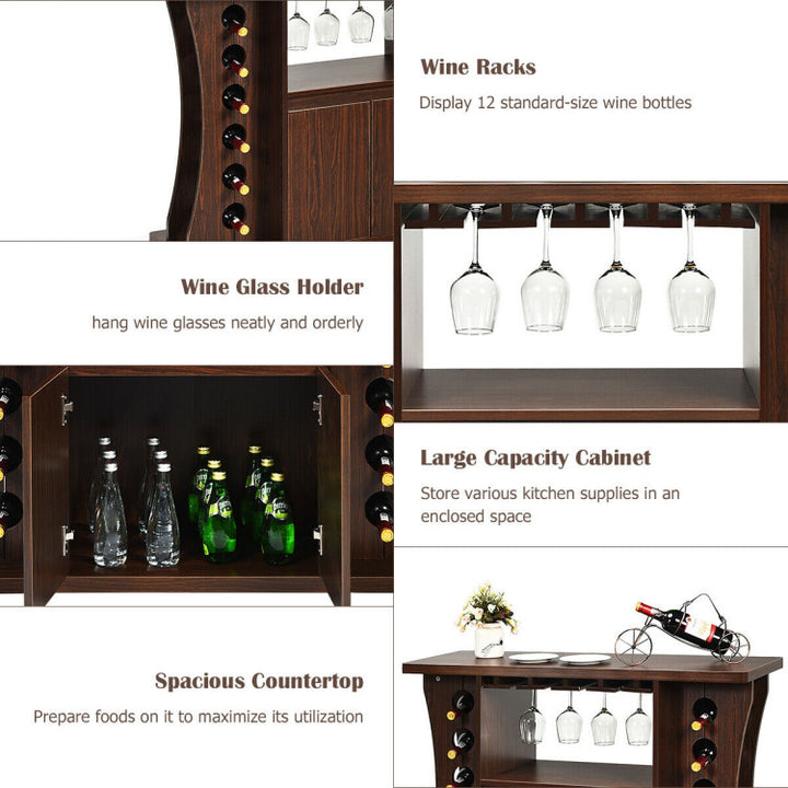 Rolling Buffet Sideboard Wood Wine Liquor Bar Cabinet 12-bottle Wine Rack with Glass Holder and 360° Swivel Casters
