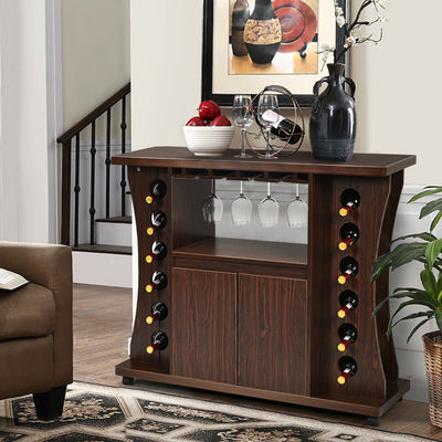 Rolling Buffet Sideboard Wood Wine Liquor Bar Cabinet 12-bottle Wine Rack with Glass Holder and 360° Swivel Casters