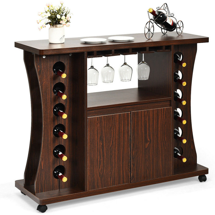 Rolling Buffet Sideboard Wood Wine Liquor Bar Cabinet 12-bottle Wine Rack with Glass Holder and 360° Swivel Casters
