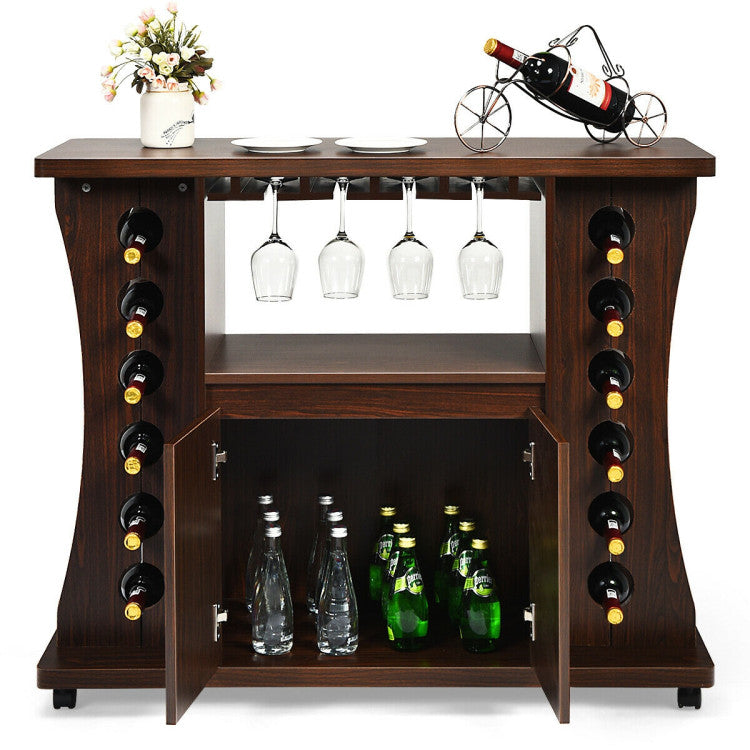 Rolling Buffet Sideboard Wood Wine Liquor Bar Cabinet 12-bottle Wine Rack with Glass Holder and 360° Swivel Casters