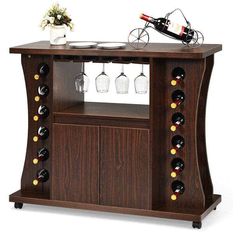Rolling Buffet Sideboard Wood Wine Liquor Bar Cabinet 12-bottle Wine Rack with Glass Holder and 360° Swivel Casters
