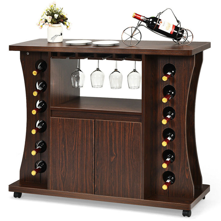 Rolling Buffet Sideboard Wood Wine Liquor Bar Cabinet 12-bottle Wine Rack with Glass Holder and 360° Swivel Casters
