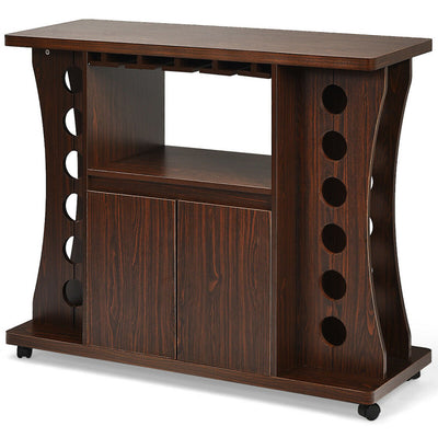 Rolling Buffet Sideboard Wood Wine Liquor Bar Cabinet 12-bottle Wine Rack with Glass Holder and 360° Swivel Casters