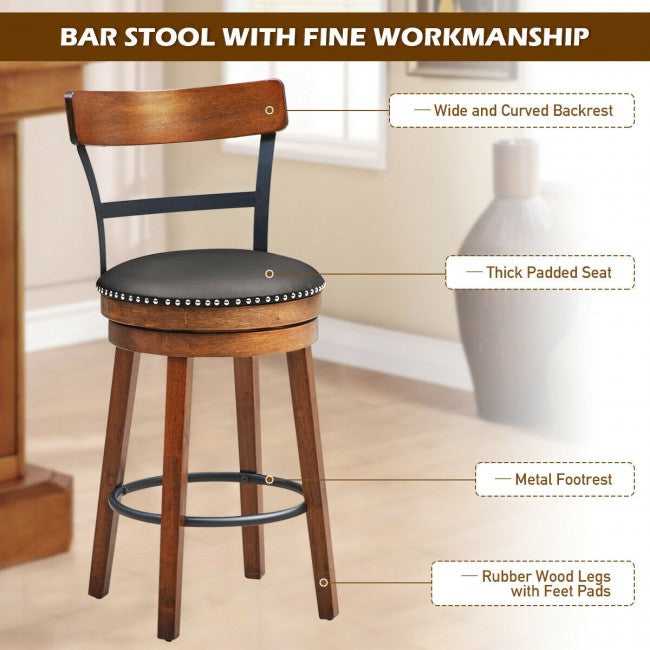Set of 2 25.5 Inches 360-Degree Swivel Bar Stools Counter Height Dining Chair with Leather Padded Seat