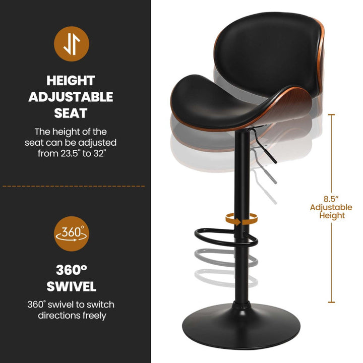 Set of 2 Bar Stools 360-degree Swivel Adjustable Barstools PU Leather Seat Dining Chairs with Curved Footrest