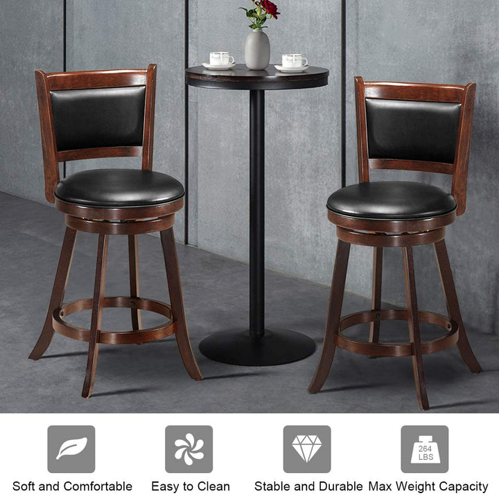 Set of 2 Bar Stools 360 Degree Swivel Accent Wooden Counter Height Dining Chairs with Cushioned Seat