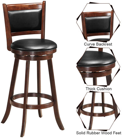 Set of 2 Bar Stools 360 Degree Swivel Accent Wooden Counter Height Dining Chairs with Cushioned Seat
