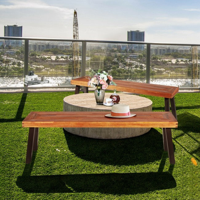 2 Pieces Outdoor Acacia Wood Dining Bench Patio Seating with Metal Legs