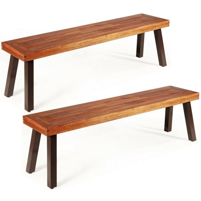 2 Pieces Outdoor Acacia Wood Dining Bench Patio Seating with Metal Legs
