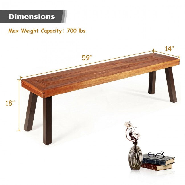 2 Pieces Outdoor Acacia Wood Dining Bench Patio Seating with Metal Legs