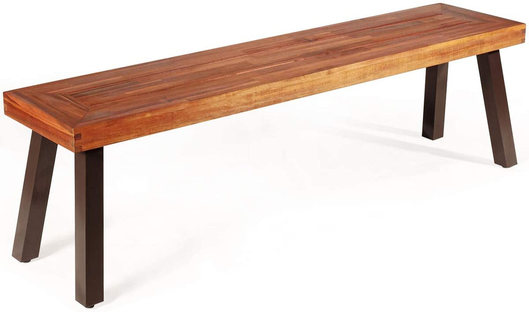 2 Pieces Outdoor Acacia Wood Dining Bench Patio Seating with Metal Legs