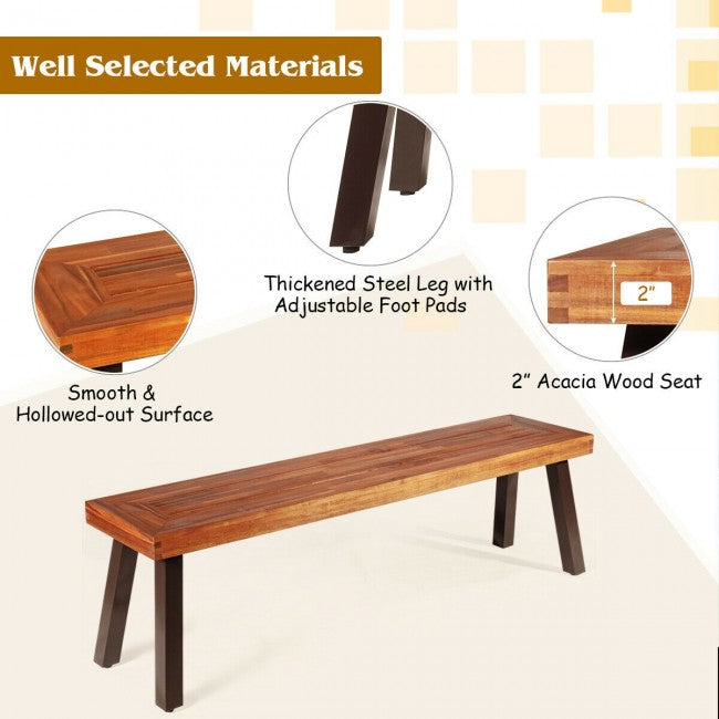 2 Pieces Outdoor Acacia Wood Dining Bench Patio Seating with Metal Legs