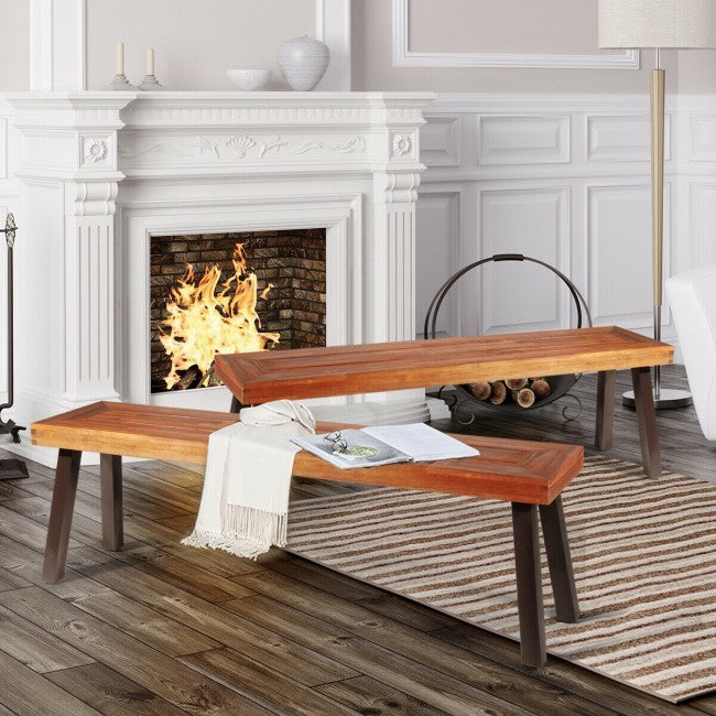 2 Pieces Outdoor Acacia Wood Dining Bench Patio Seating with Metal Legs