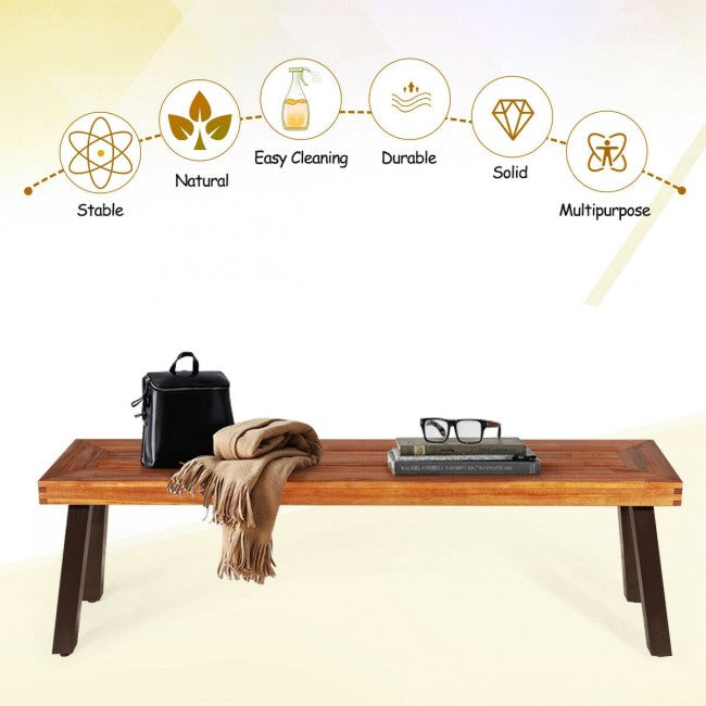 2 Pieces Outdoor Acacia Wood Dining Bench Patio Seating with Metal Legs