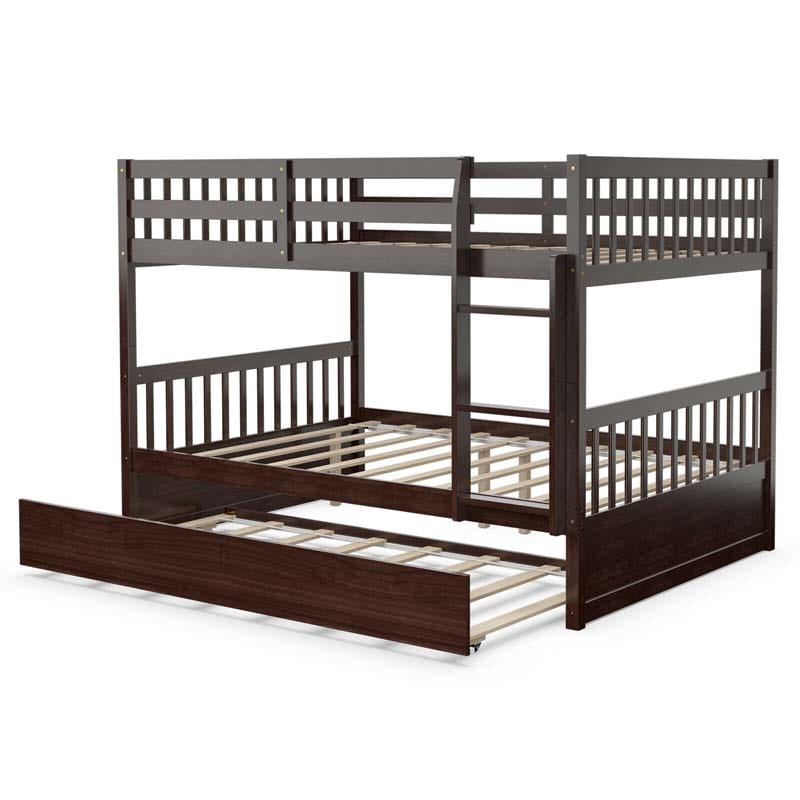 Solid Wood Convertible Bunk Bed Frame with Trundle, Safety Ladder and Guardrails for Children and Teenagers