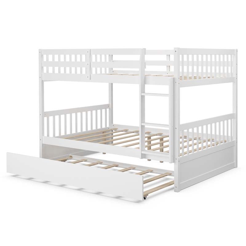 Solid Wood Convertible Bunk Bed Frame with Trundle, Safety Ladder and Guardrails for Children and Teenagers