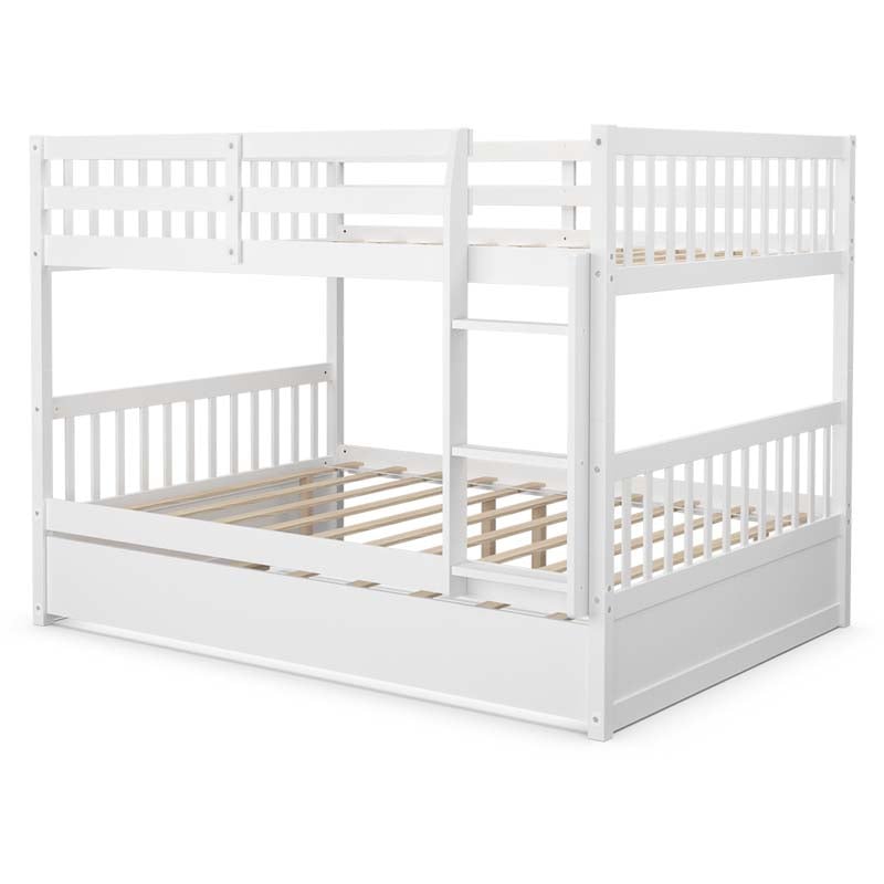 Solid Wood Convertible Bunk Bed Frame with Trundle, Safety Ladder and Guardrails for Children and Teenagers