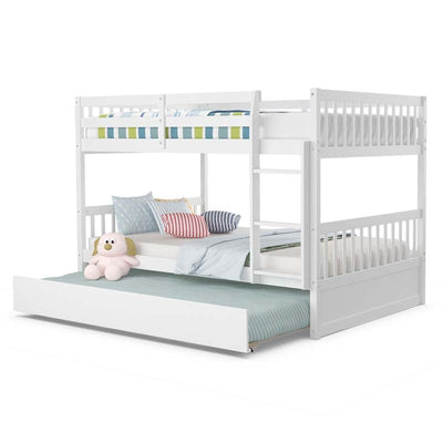 Solid Wood Convertible Bunk Bed Frame with Trundle, Safety Ladder and Guardrails for Children and Teenagers