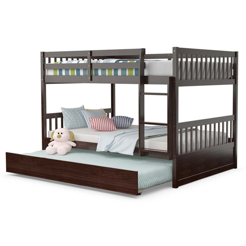 Solid Wood Convertible Bunk Bed Frame with Trundle, Safety Ladder and Guardrails for Children and Teenagers