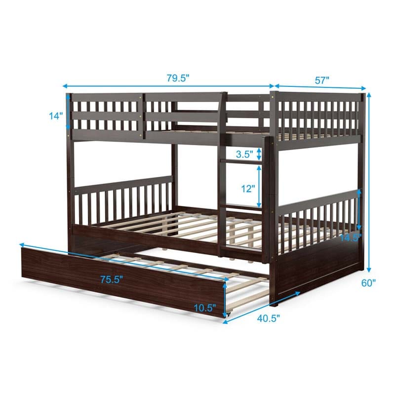 Solid Wood Convertible Bunk Bed Frame with Trundle, Safety Ladder and Guardrails for Children and Teenagers