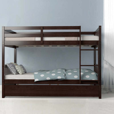 Solid Wood Convertible Bunk Bed Frame with Trundle, Safety Ladder and Guardrails for Children and Teenagers