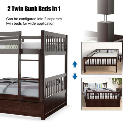 Solid Wood Convertible Bunk Bed Frame with Trundle, Safety Ladder and Guardrails for Children and Teenagers