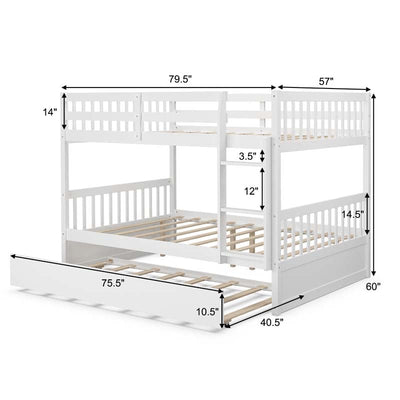 Solid Wood Convertible Bunk Bed Frame with Trundle, Safety Ladder and Guardrails for Children and Teenagers