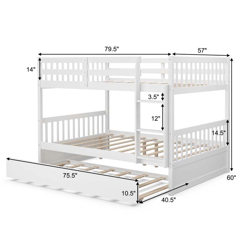 Solid Wood Convertible Bunk Bed Frame with Trundle, Safety Ladder and Guardrails for Children and Teenagers