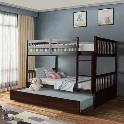 Solid Wood Convertible Bunk Bed Frame with Trundle, Safety Ladder and Guardrails for Children and Teenagers