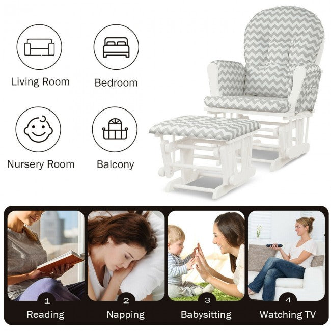 Premium Hoop Glider Rocking Chair Wood Baby Rocker Nursery Furniture With Padded Cushions and Storage Pockets