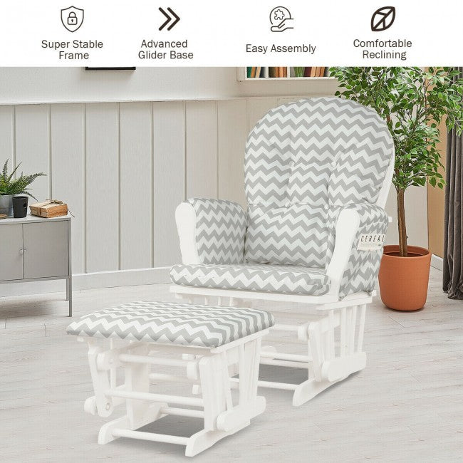 Premium Hoop Glider Rocking Chair Wood Baby Rocker Nursery Furniture With Padded Cushions and Storage Pockets