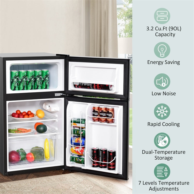 3.2 cu ft. Stainless Steel Compact Refrigerator 2-Door Mini Fridge Freezer Cooler for Dorm Office Apartment