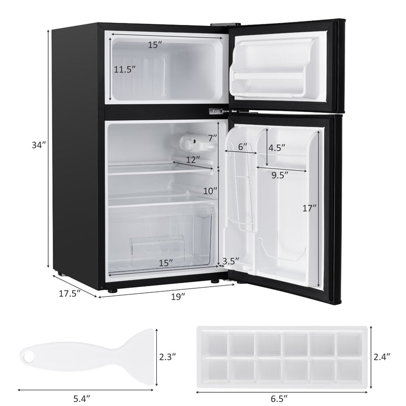 3.2 cu ft. Stainless Steel Compact Refrigerator 2-Door Mini Fridge Freezer Cooler for Dorm Office Apartment