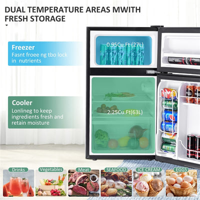 3.2 cu ft. Stainless Steel Compact Refrigerator 2-Door Mini Fridge Freezer Cooler for Dorm Office Apartment