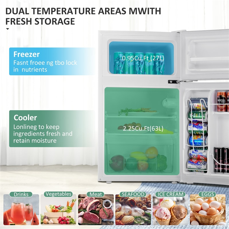 3.2 cu ft. Stainless Steel Compact Refrigerator 2-Door Mini Fridge Freezer Cooler for Dorm Office Apartment