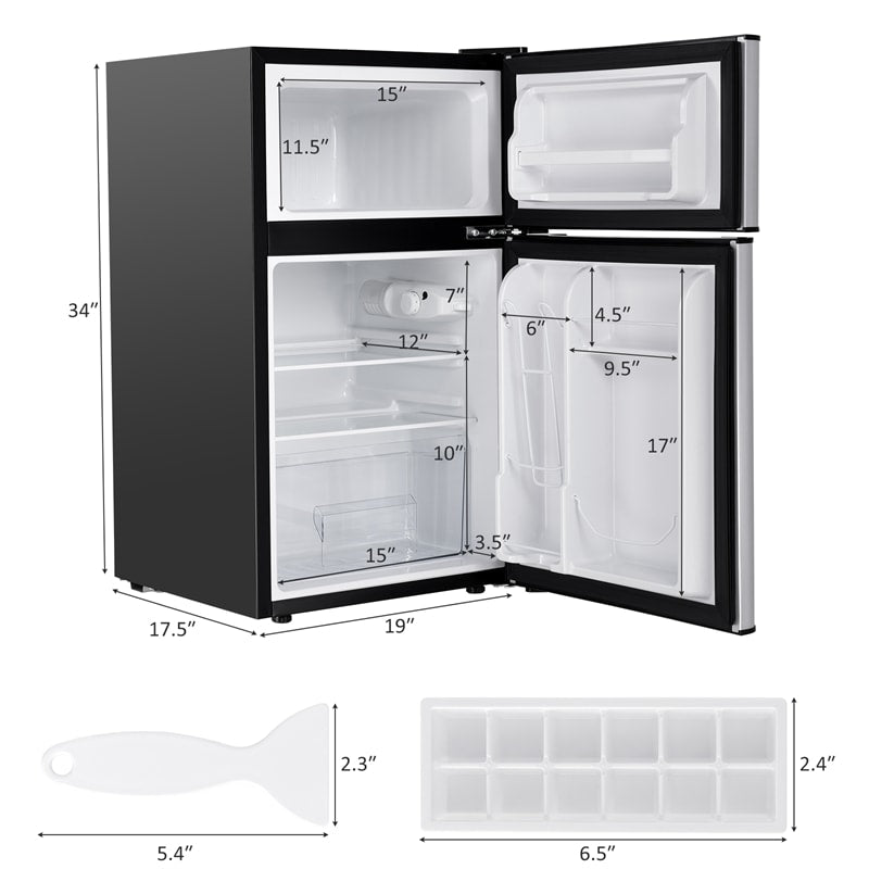 3.2 cu ft. Stainless Steel Compact Refrigerator 2-Door Mini Fridge Freezer Cooler for Dorm Office Apartment
