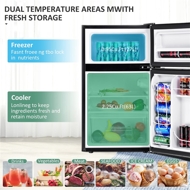 3.2 cu ft. Stainless Steel Compact Refrigerator 2-Door Mini Fridge Freezer Cooler for Dorm Office Apartment