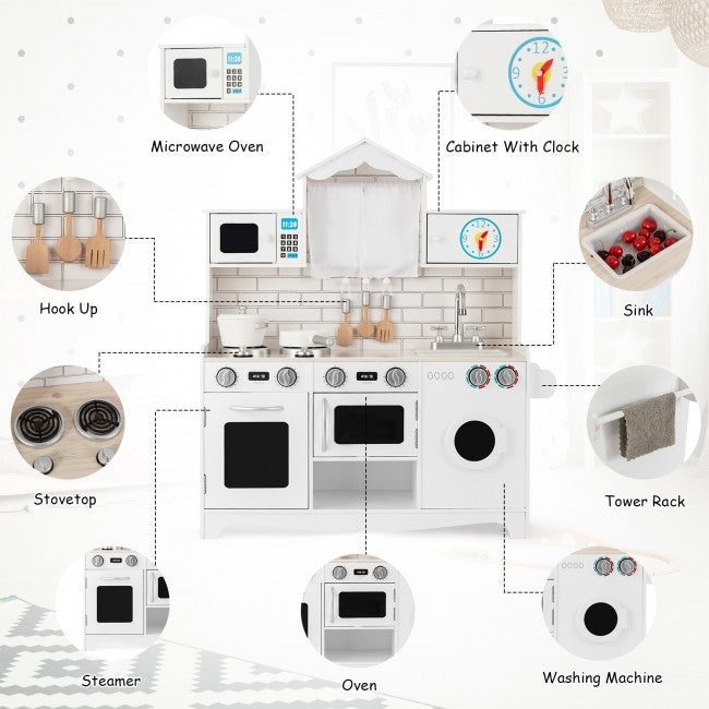 Toy Kitchen with Washing Machine for Toddlers Wooden Play Kitchen