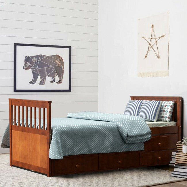 Twin Captain’s Bed with Trundle Bed Wood Storage Daybed Bunk Bed with 3 Storage Drawers