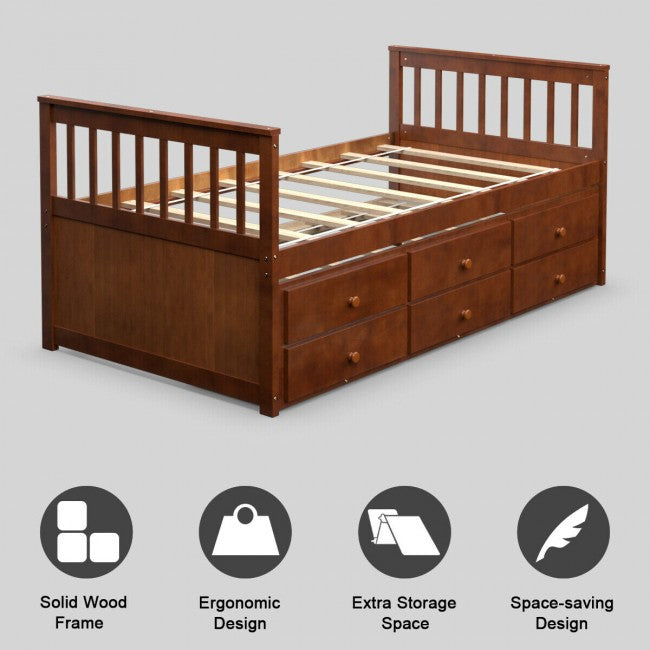 Twin Captain’s Bed with Trundle Bed Wood Storage Daybed Bunk Bed with 3 Storage Drawers